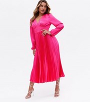 New Look Bright Pink Satin Shirred Pleated Midi Dress